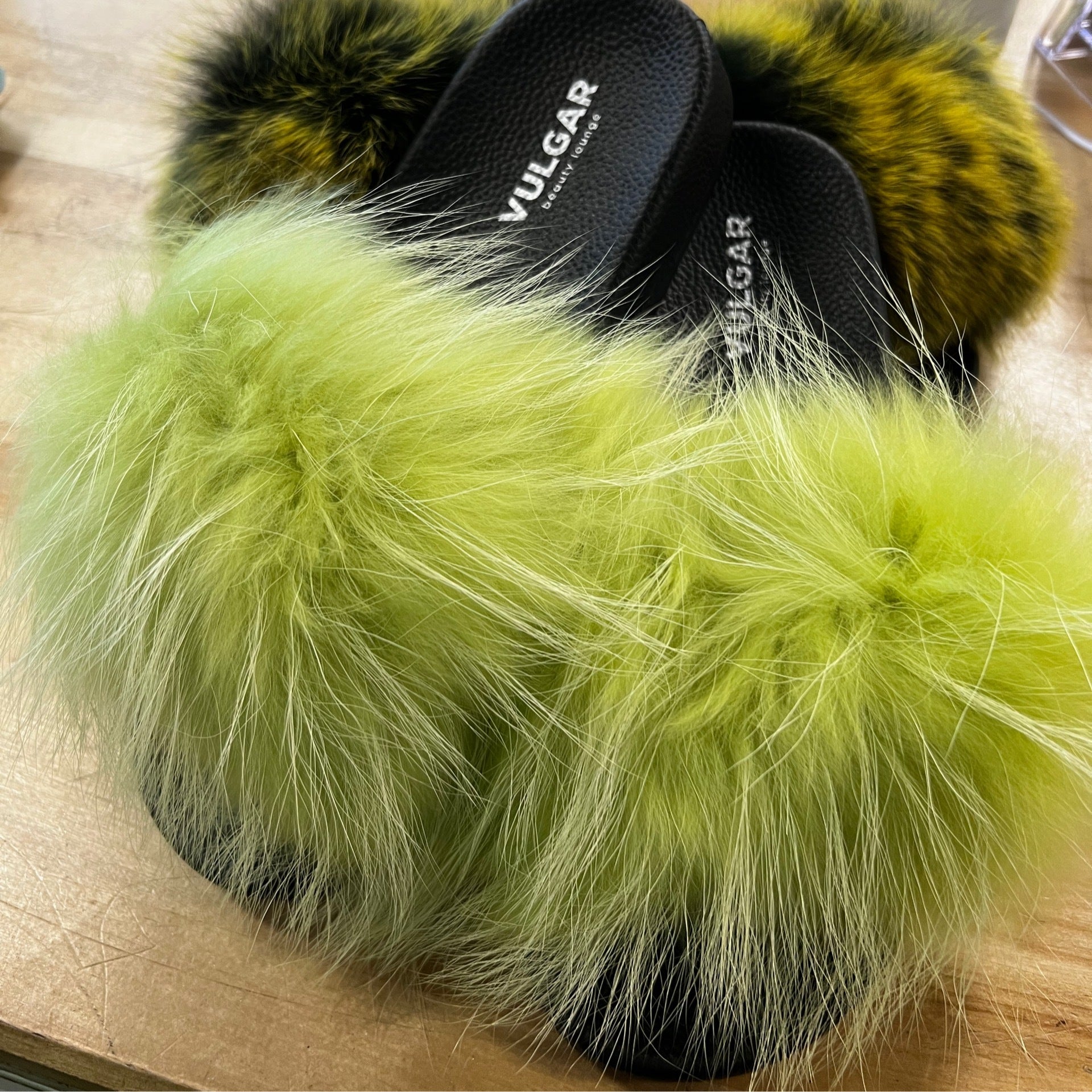 Neon green hot sale fluffy slides